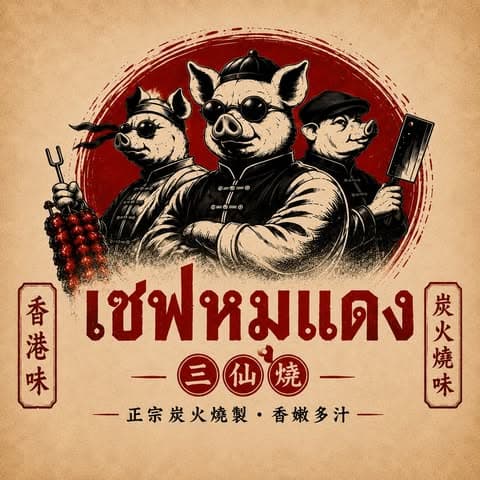โลโก้เชฟหมูแดง หมูเชฟสามตัว สไตล์ภาพแกะไม้