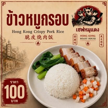 ข้าวหมูกรอบสไตล์ฮ่องกง หนังกรอบ เสิร์ฟพร้อมผักและข้าวสวย